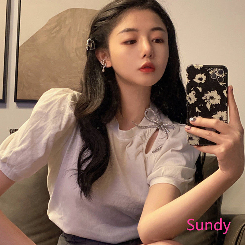 Áo tay ngắn cổ tròn thắt nơ thời trang mùa hè dáng rộng phong cách Hàn Quốc thiết kế mới dành cho bạn nữ