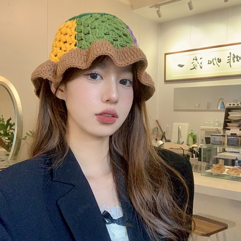 Mũ Bucket Dệt Kim Tay Bèo Màu Sắc Tương Phản Phong Cách Nhật Bản Thời Trang Thu Đông Cho Nữ