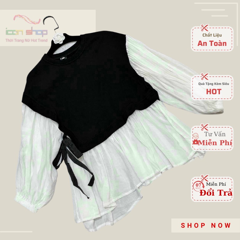 Áo kiểu nữ phối voan Q99 nhún xòe tay phồng dài buộc nơ eo chất liệu borip onesize dưới 55kg mặc đi chơi dạo phố