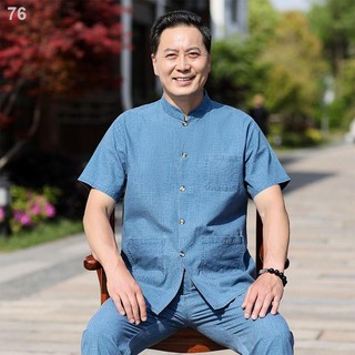 Tang suit nam vải lanh ngắn tay, bộ đồ mùa hè, ông trung niên và người già, Hanfu , bố, quần áo nam phong cách Trung Quố