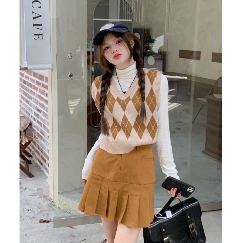 Áo len gile nữ dáng croptop hình thoi đan siêu chất