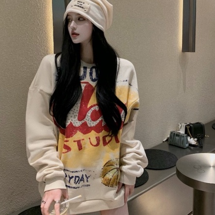 Áo Sweater Cổ Tròn Dáng Rộng In Họa Tiết Graffiti Phong Cách Hàn Quốc | WebRaoVat - webraovat.net.vn