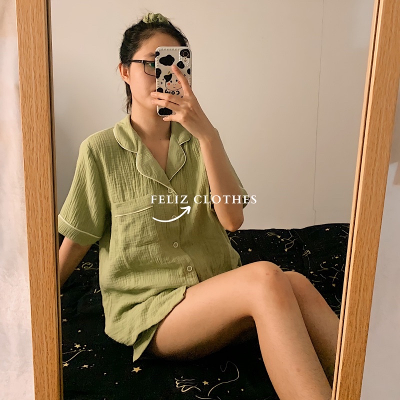 Pyjama xô muslin xanh matcha siêu dễ thương