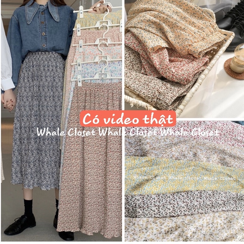 Chân váy hoa nhí chất voan nhăn dáng dài lưng chun 2 lớp hàng Quảng Châu vintage