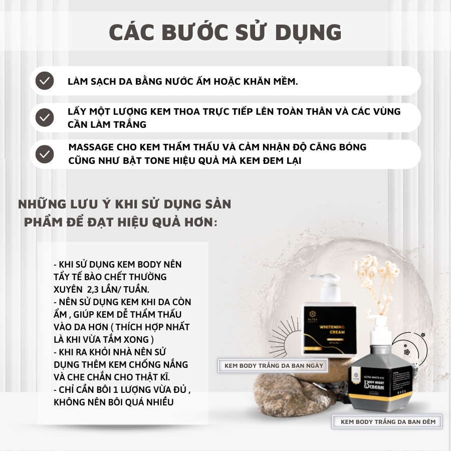 Kem body trắng da toàn thân cao cấp ALYSA ngày và đêm, bật tone sau 7- 10 ngày, kem dưỡng trắng da siêu thấm, mềm mịn
