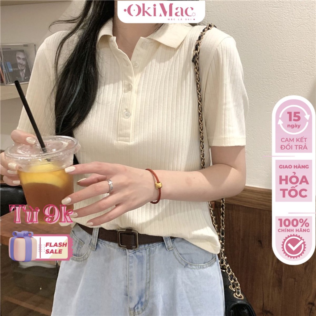 Áo polo nữ OKIMAC tay ngắn dáng rộng cổ bẻ sọc gân trơn phong cách đơn giản trẻ trung thời trang nữ
