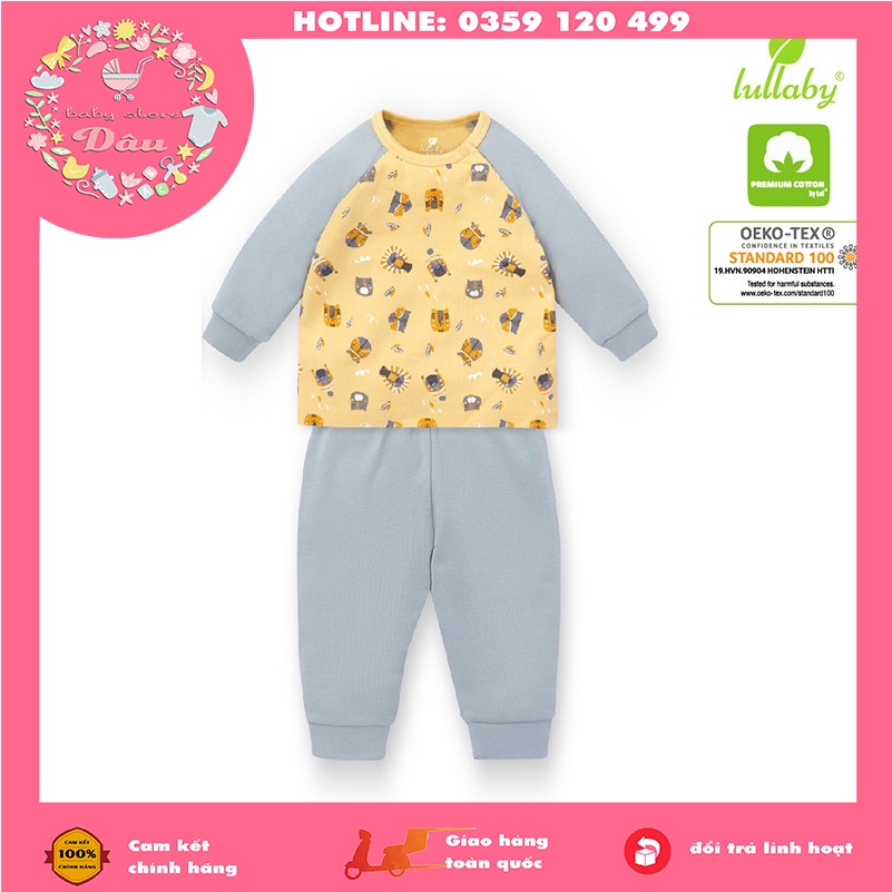 Set thu đông dài tay chính hãng Lullaby màu vàng - chất nỉ dáng cài vai - size từ 9 tháng -4 tuổi