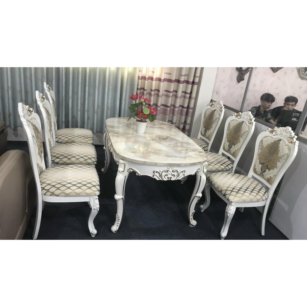 Bàn ăn Oval mặt đá - Bàn ăn tân cổ điển cao cấp kèm 6 ghế