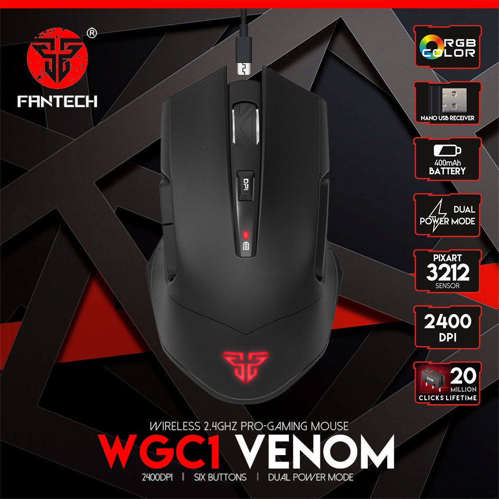 Chuột Gaming Không Dây Fantech WGC1 VENOM 2400DPI LED RGB 16,8 Triệu Màu 6 Phím Macro - Hãng Phân Phối Chính Thức