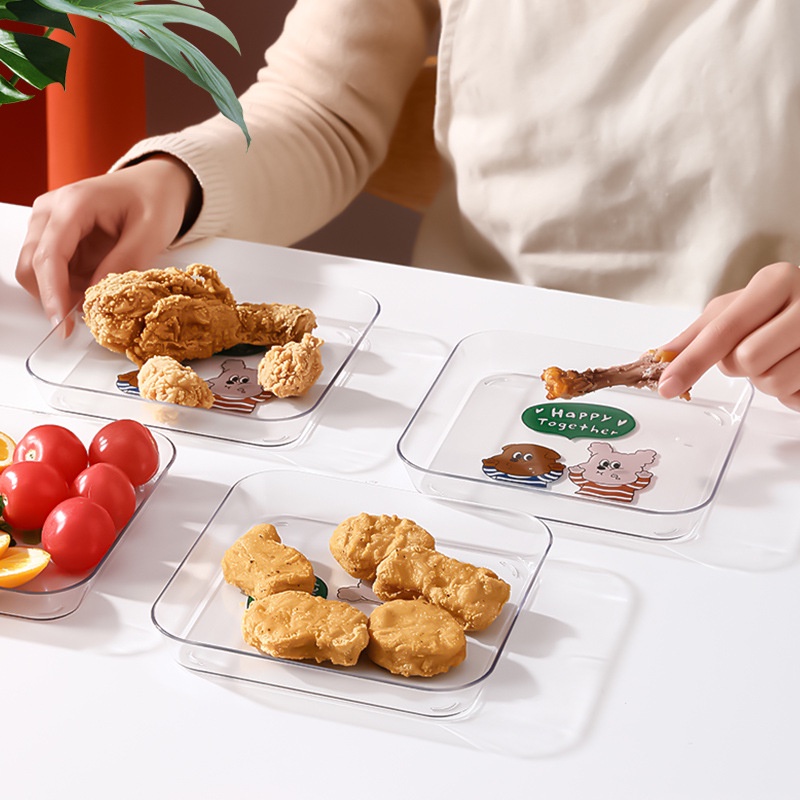 Only HOUSE Đĩa Nhỏ Trong Suốt Hình Vuông In Hình Xương Gấu Đựng Thức Ăn Nhanh Trái Cây Xương Rồng Hoạt Hình Dễ Thương