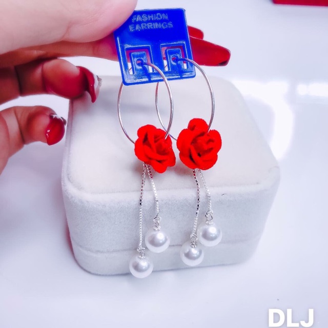 Bông tai bạc gắn hoa nhung đỏ LINH MIU SILVER