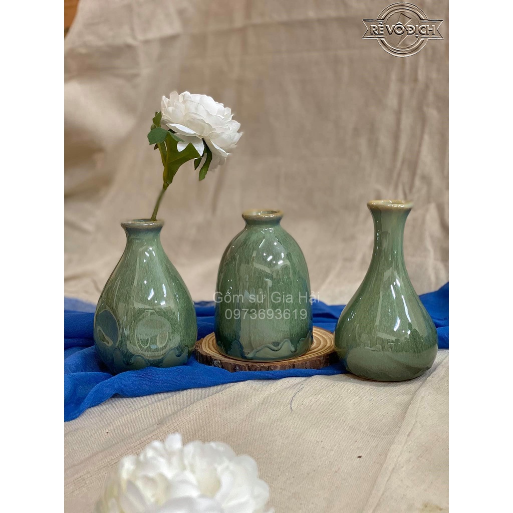 Set 3 lọ hoa men thiên thanh và vàng cực xinh Bát Tràng
