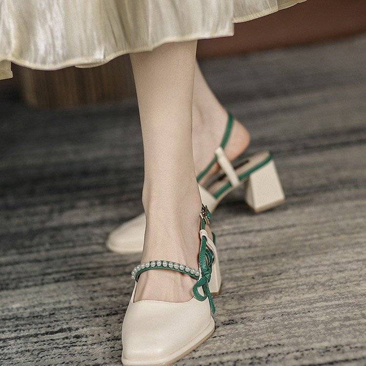 Giày Sandal Cao Gót Mũi Vuông Đính Nơ Và Ngọc Trai Thời Trang Dành Cho Nữ Có Size Lớn 35-42 / 41 / 42