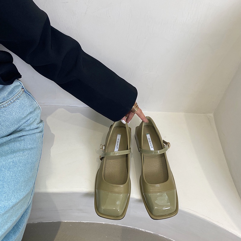 Giày Da Gót Dày Phối Khóa Cài Phong Cách Retro Pháp Thời Trang Xuân Thu Cho Nữ
