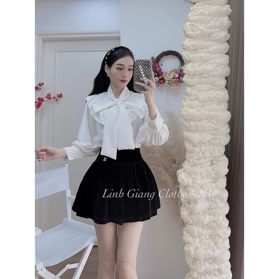 Áo sơ mi mi bèo nữ nơ cổ dài tay áo sơ mi trắng công sở nữ