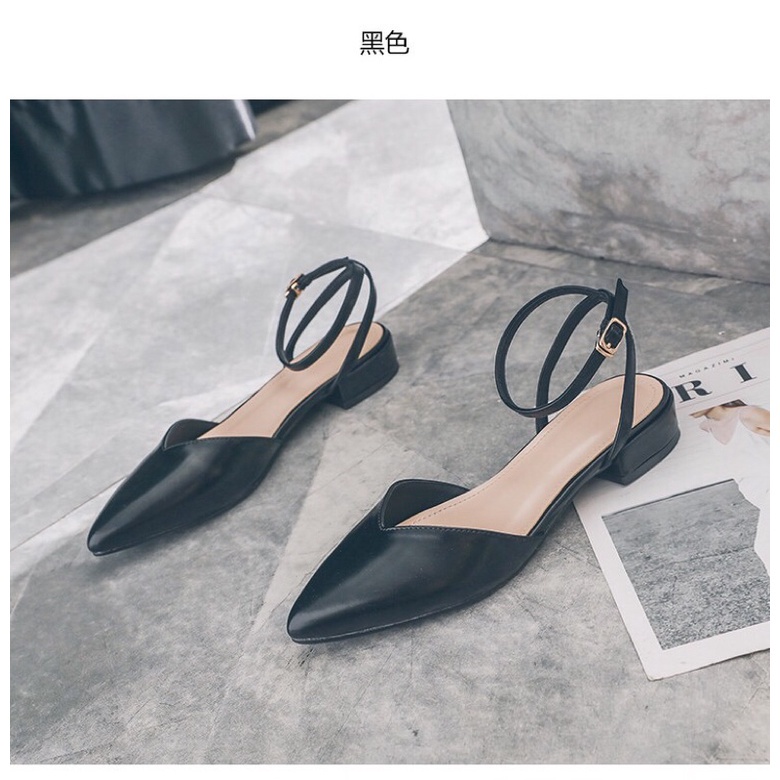 [Free Ship] Giày búp bê nữ gót thấp kiểu dáng mũi tim đơn giản có dây sandal màu đen, kem DQ211001