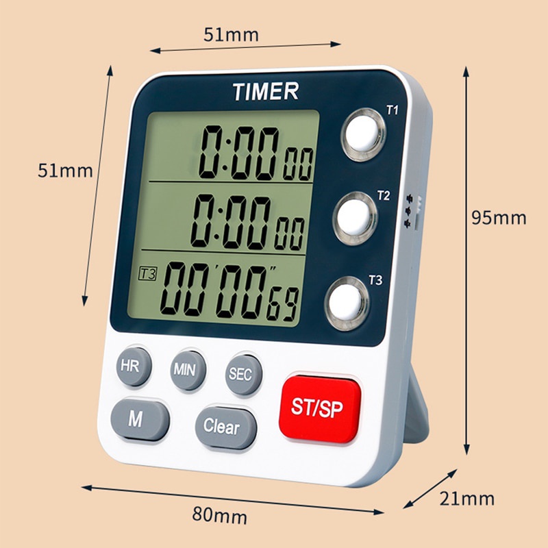 Đồng Hồ Đếm Ngược 100 Giờ 3 Kênh Kèm Giá Đỡ Và Nam Châm Dành Cho Nhà Bếp / Học Đếm Ngược 3 Kênh