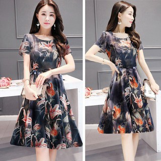 Đầm tay ngắn cổ tròn họa tiết hoa thời trang cho nữ