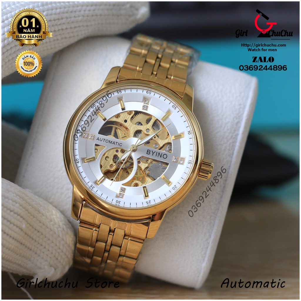 Đồng hồ nam Byino dây demi vàng cực chất, máy cơ tự động không cần dùng pin, phong cách trẻ trung, sang trọng