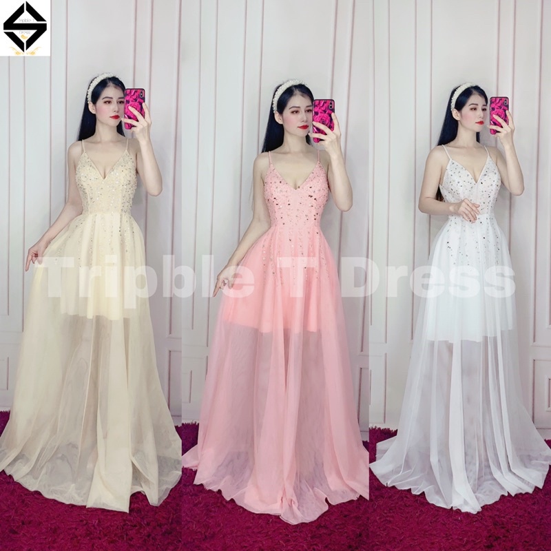 Đầm maxi xòe 2 dây kết đá pha lê ngực cao cao cấp TRIPBLE T DRESS - SIZE M/L - MS83V