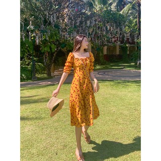 (ORDER) Váy hoa nhí cam đỏ cổ vuông tay nhún điệu đà xòe dài vintage kiểu Pháp (HÀNG MỚI 2020)_