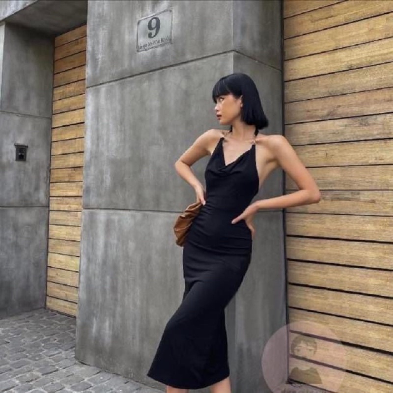 Đầm maxi kiểu dài nữ hai dây hở lưng dáng suông đen đi tiệc - Order taobao quảng châu