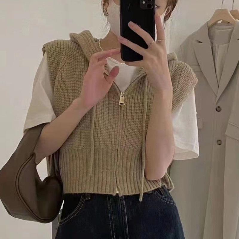 Áo Sweater Dệt Kim Không Tay Màu Trơn Phong Cách Retro Hàn Quốc Cho Nữ