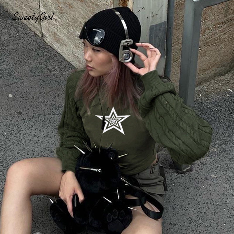 Áo Sweater Dệt Kim Tay Dài Cổ Tròn In Hình Ngôi Sao Màu Trơn Thời Trang 2022 Cho Nữ