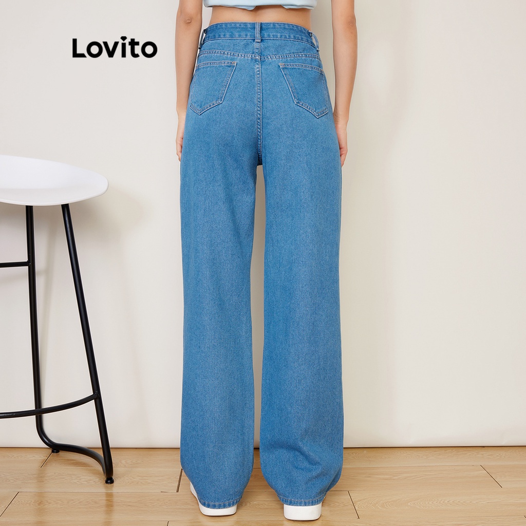 Quần jean Lovito lưng cao ống loe màu trơn phối rách phong cách ngày thường L27AD144 (màu xanh lam)