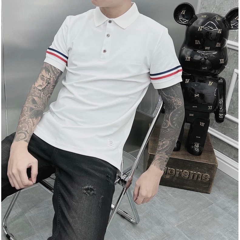 Áo Polo Nam Cotton Pha Thêu Vạch Thom Hai Ống Tay
