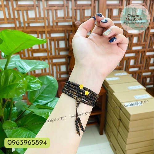 Chuỗi Trầm Hương Sánh Chìm 216 Hạt Size 4mm + 2 Sen Nhí Vàng 24 K - Vòng Tay Hoa Gỗ phong thuỷ tự nhiên Nam Nữ