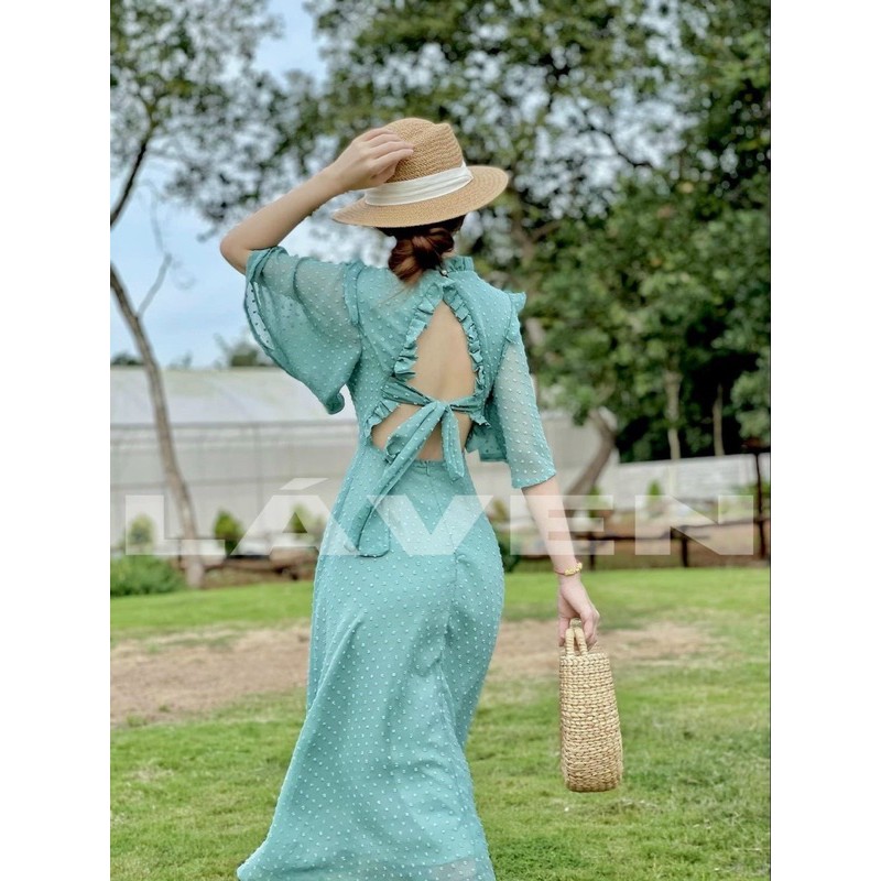 ĐẦM BI REN NỔI CỘT NƠ LƯNG XANH - VÀNG | BigBuy360 - bigbuy360.vn