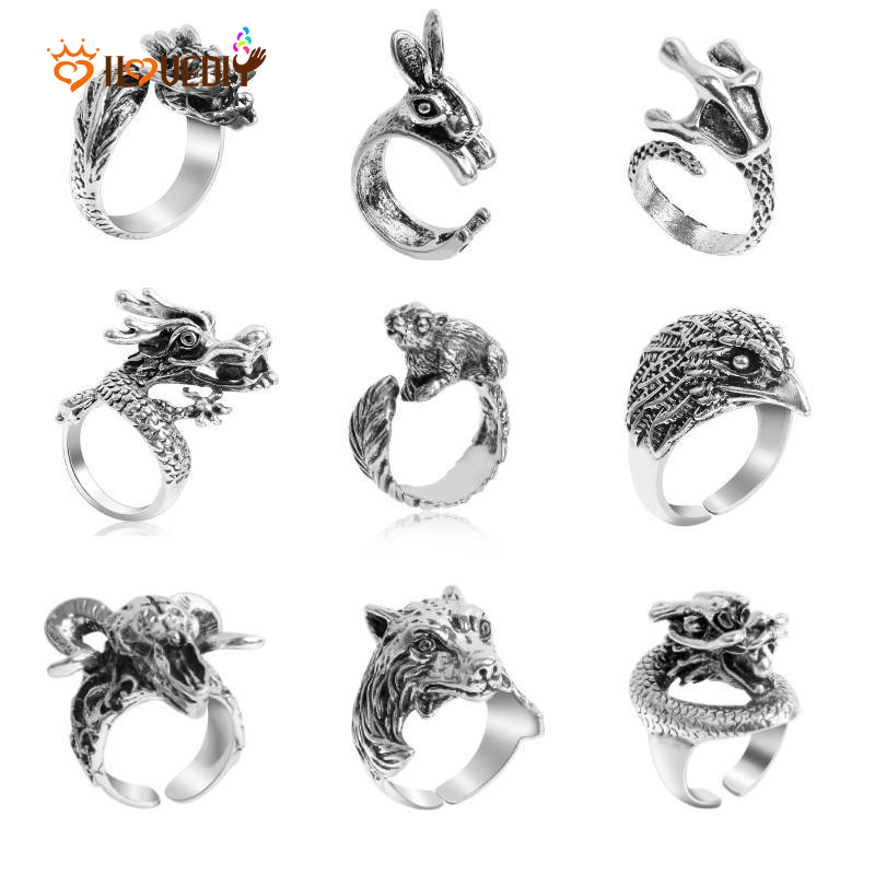 Nhẫn đeo tay kim loại khắc hình động vật cá tính tùy chọn cho nam