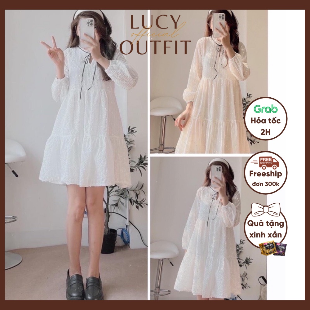 [Quà tặng là chun tóc nữ tính nhiều màu dai dẻo đàn hồi] Váy đầm babydoll hạt bông nơ cổ Lucy Outfit thiết kế