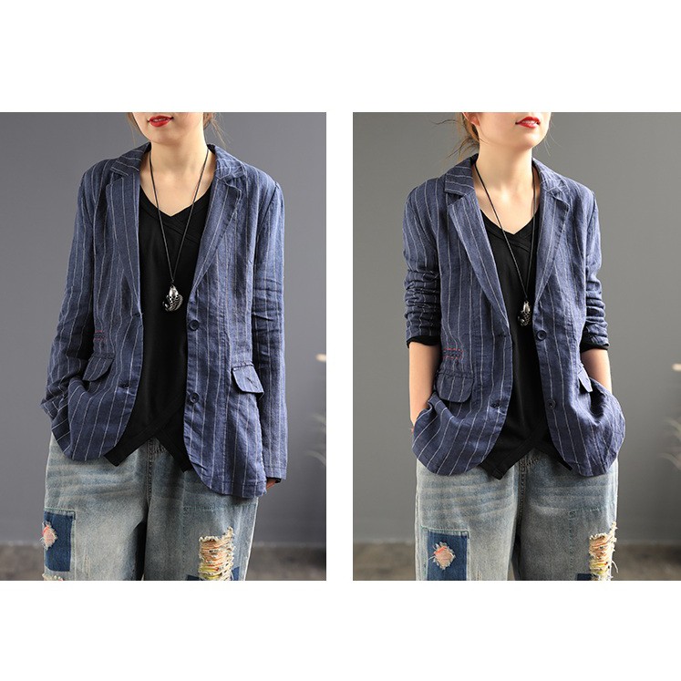 Áo vest Blaze nữ kẻ linen dáng lửng, chất vải linen tự nhiên mềm mại, thời trang phong cách trẻ - Xanh than | BigBuy360 - bigbuy360.vn
