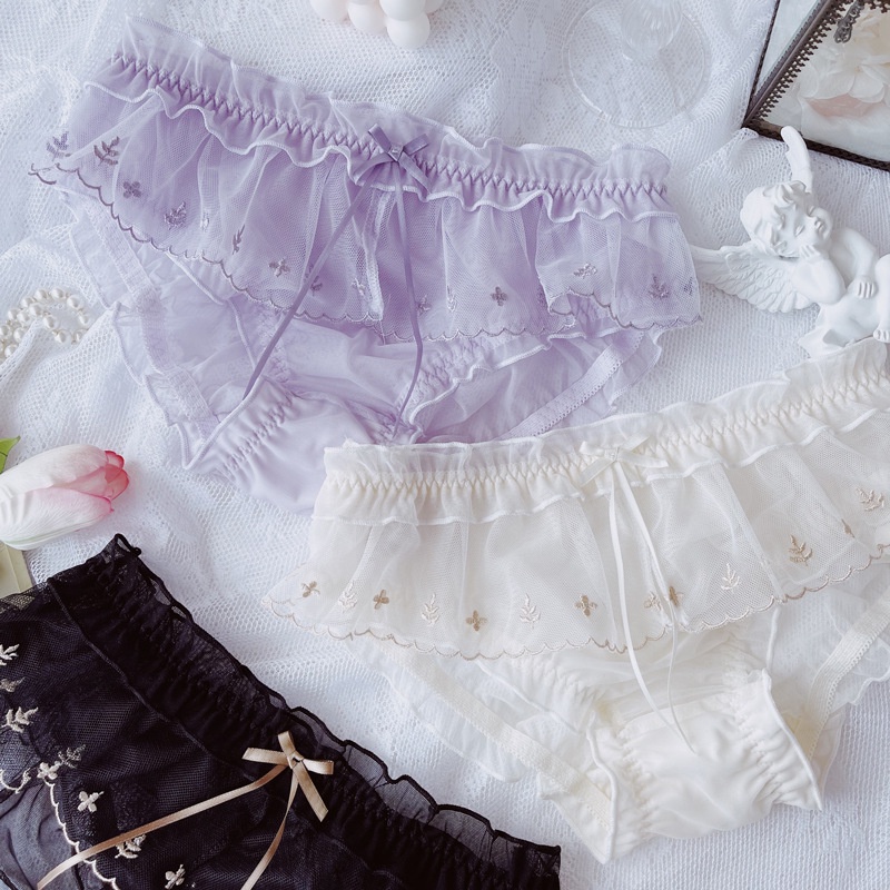Quần Lót Lưới Phối Ren Lưng Vừa Thêu Họa Tiết Dễ Thương Thoáng Khí Thoải Mái Không Buộc Dây