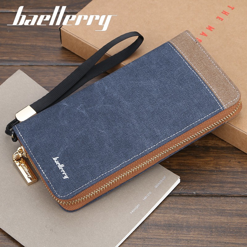 「COD」Baellerry Retro Canvas Clutch Korean Men's Wallet Long Zipper Clutch Mobile Phone Bag