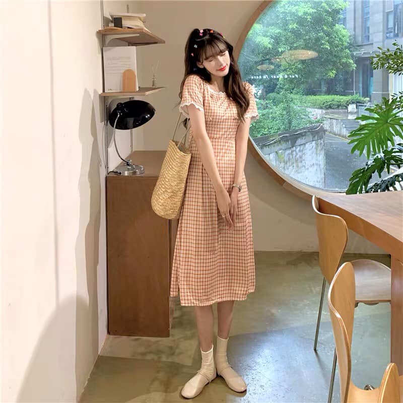 Váy kẻ caro dáng dài vintage siêu cute