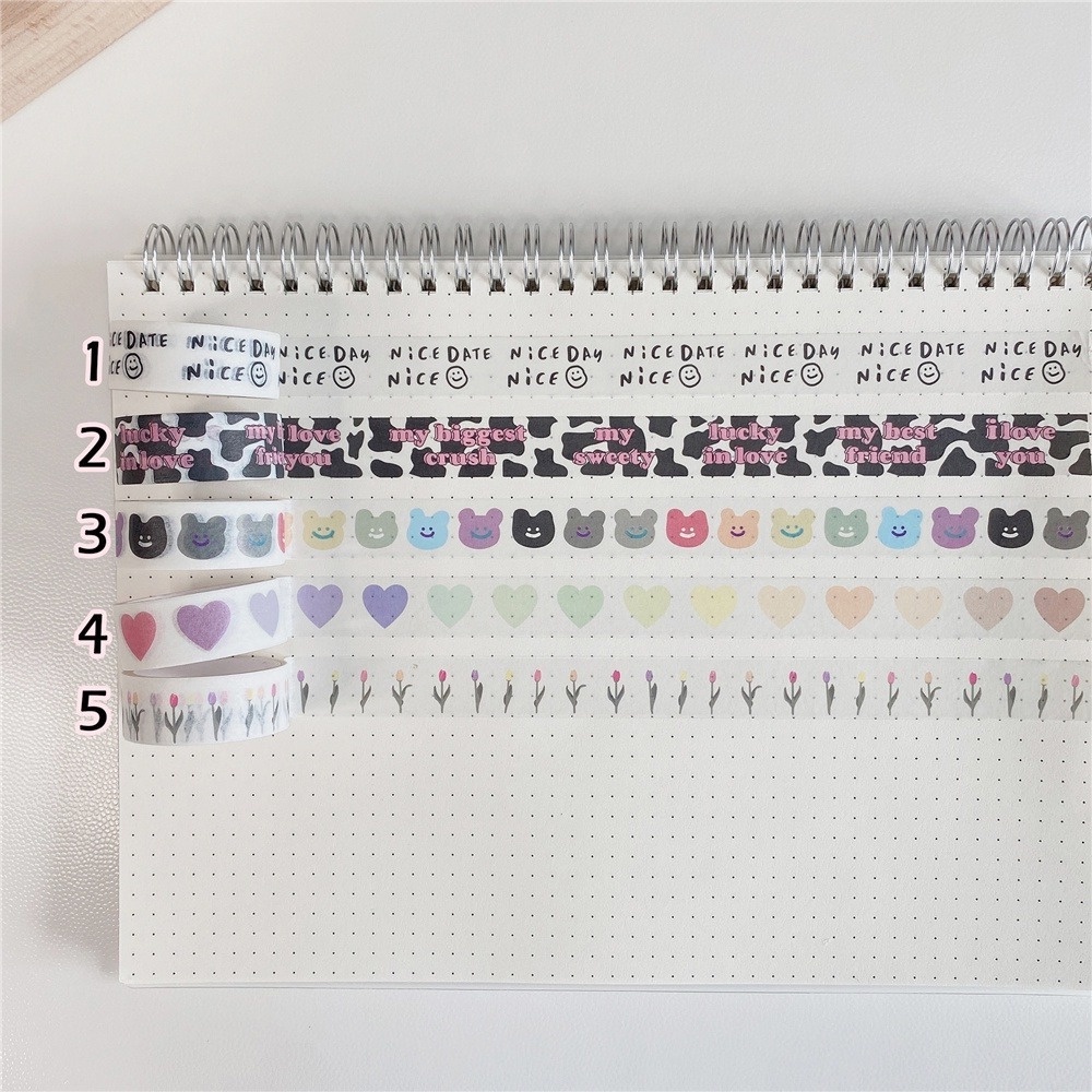 Cuộn băng giấy dán washi in hình gấu/ hoa tulip trang trí sổ tay dễ thương DIY