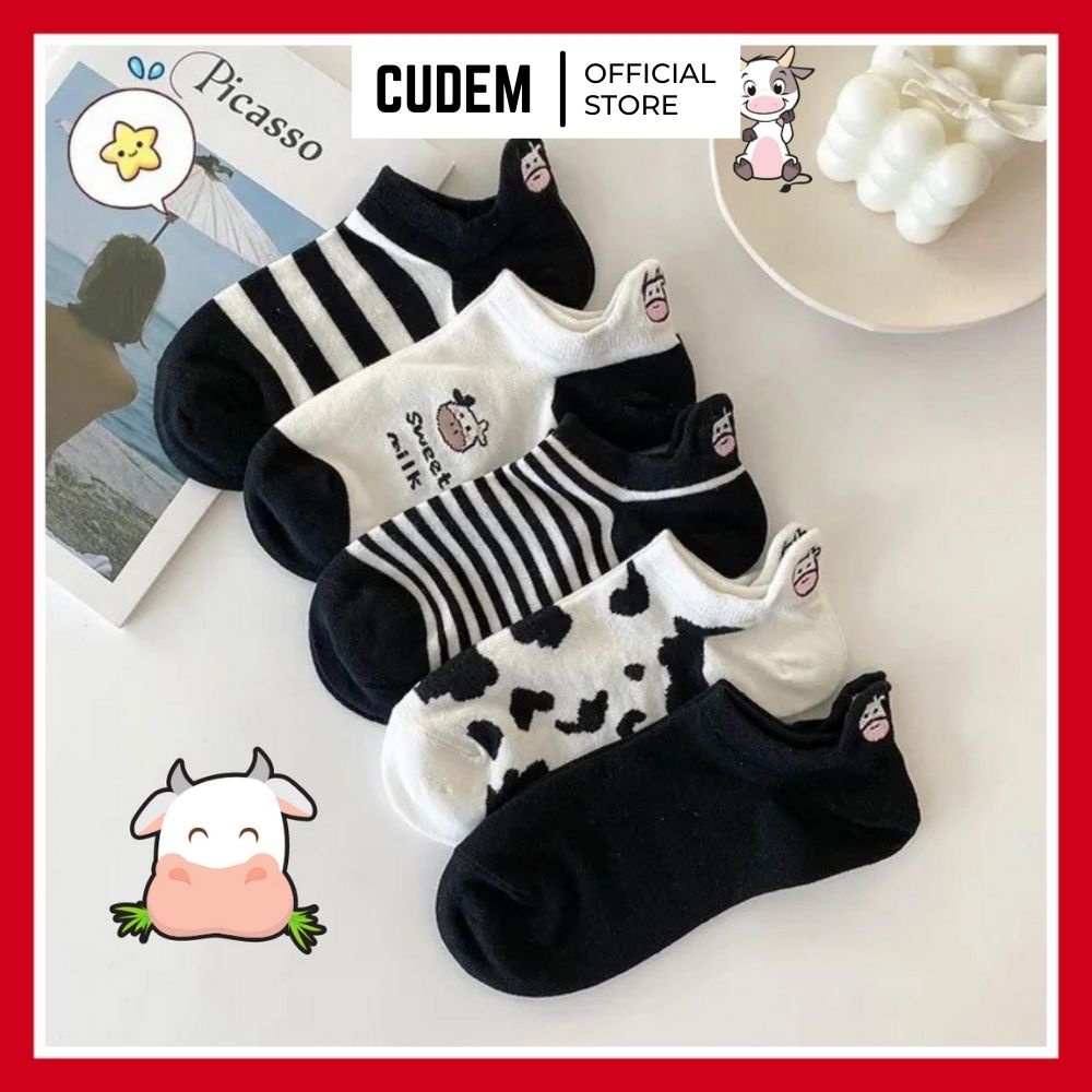 Combo 5 đôi tất vớ cổ ngắn cotton họa tiêt bò sữa có đệm gót N6