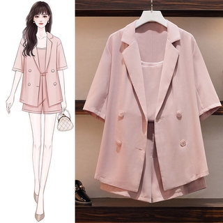 Plus Set Áo Khoác Blazer + Áo Trễ Vai + Quần Short Lưng Cao Thời Trang Cho Nữ
