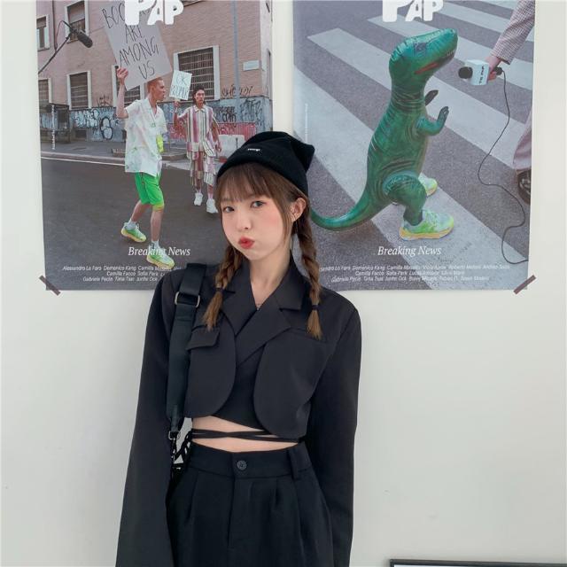 Áo khoác vest DIDIKA phối dây buộc eo dáng ngắn phong cách Hàn Quốc thanh lịch cổ điển cho nữ