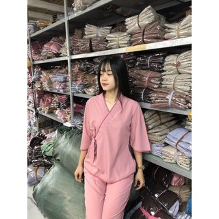 Áo lam đi chùa,áo phật tử thiết kế cho nữ,đồ đi lê  chù đơn giản xéo cột nơ