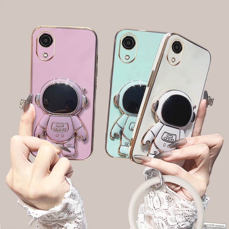 Ốp Điện Thoại Silicone Mềm Mạ Điện Chống Sốc In Hình Phi Hành Gia Có Dây Đeo Và Giá Đỡ Cho Samsung Galaxy A03 Core