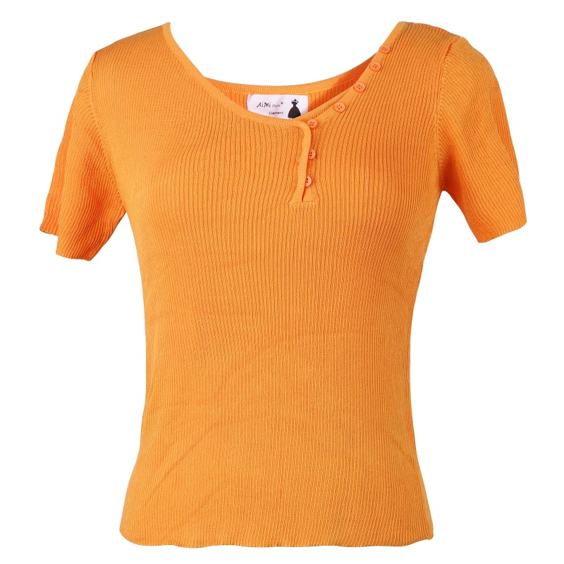 Áo Crop Top Dệt Kim Tay Ngắn Cổ Chữ V Phối Nút Đơn Giản