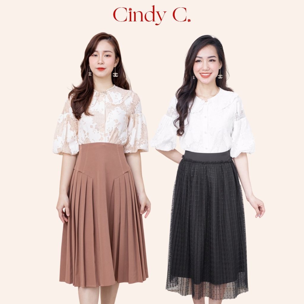 Áo sơ mi tay lửng Adonis cổ sen CINDY C thiết kế tay bồng nhẹ, chất liệu ren, cúc ngọc trai nhân tạo S21603