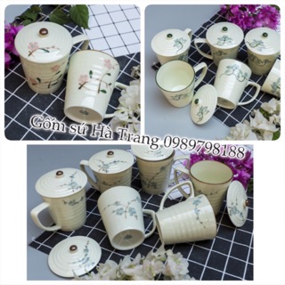Cốc sứ Bát Tràng cao cấp  không chì hàng loại 1 có nắp vẽ hoạ tiết dung tích 350ml cốc uống nước
