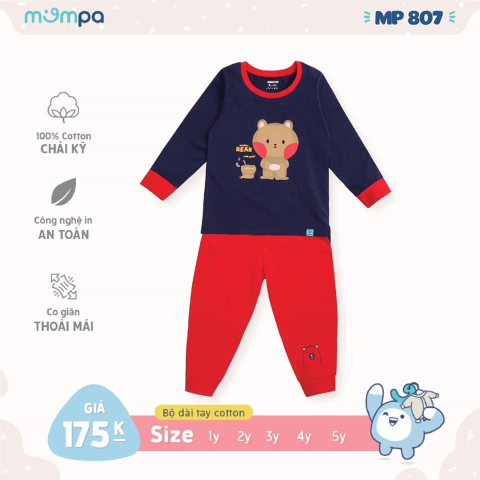 Bộ Mompa Cotton dài tay gấu teddy màu trơn viền tay cao cấp thấm hút tốt cho bé trai bé gái MP807