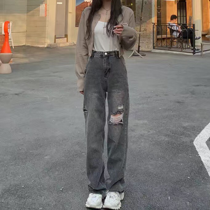 Quần jeans ống rộng Mozipa Quảng Châu màu khói cạp cao rách gối chuẩn form style Ulzzang Hàn Quốc