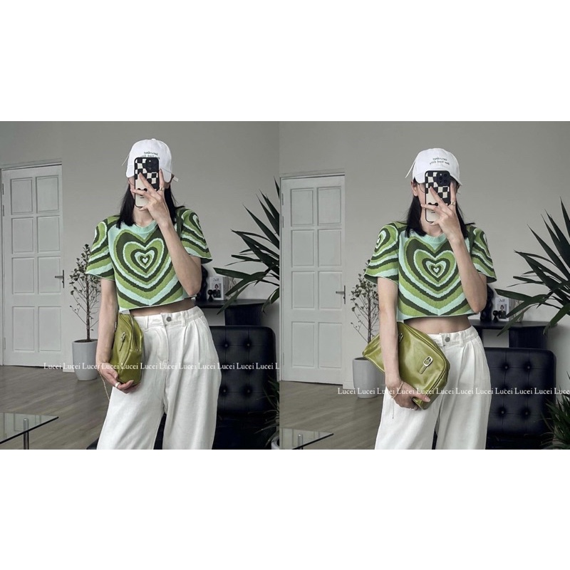 áo len dệt kim hoạ tiết trái tim dáng croptop